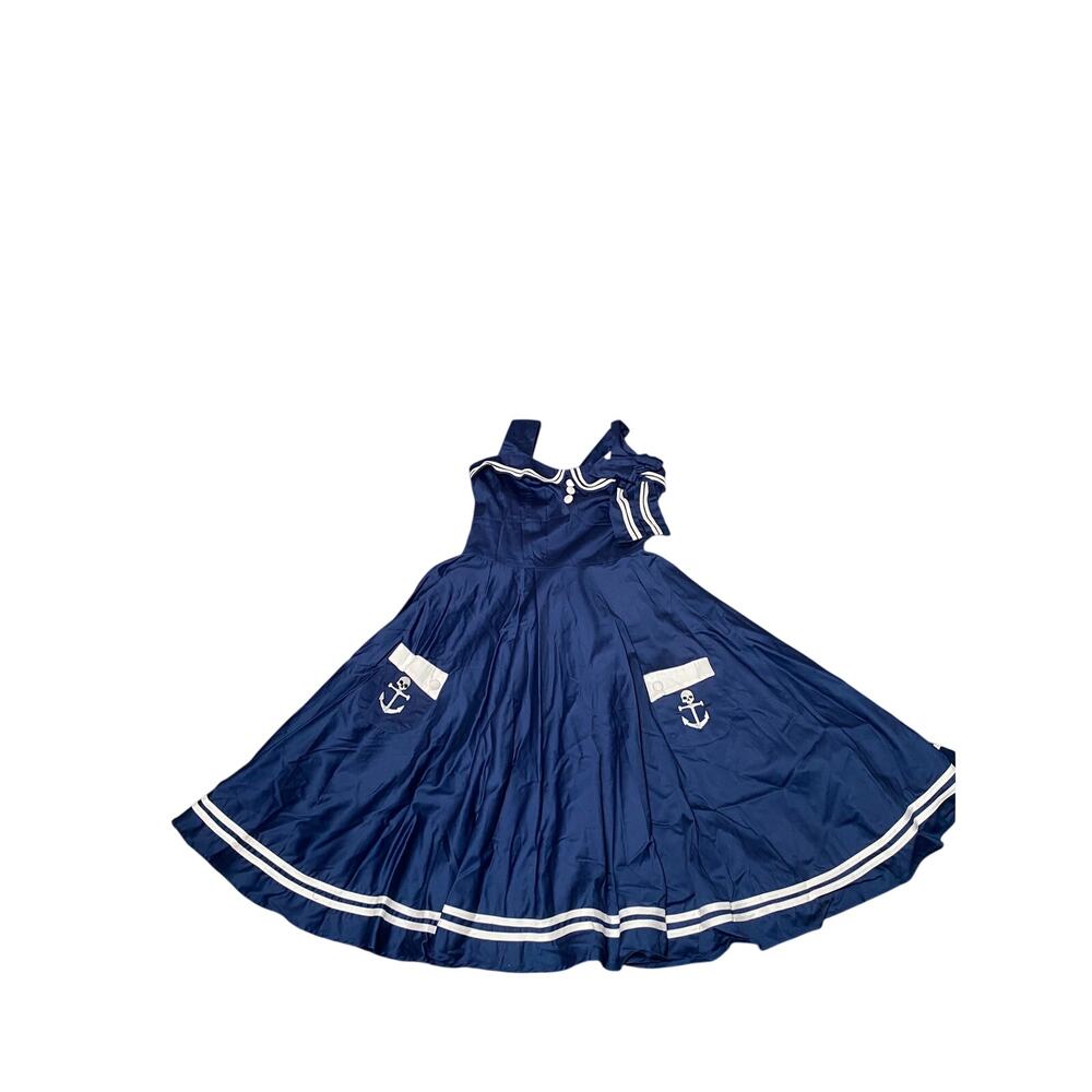 New-Hell Bunny Vixen Halter Dress Blue White Sailor Anchor Skull Women's M
